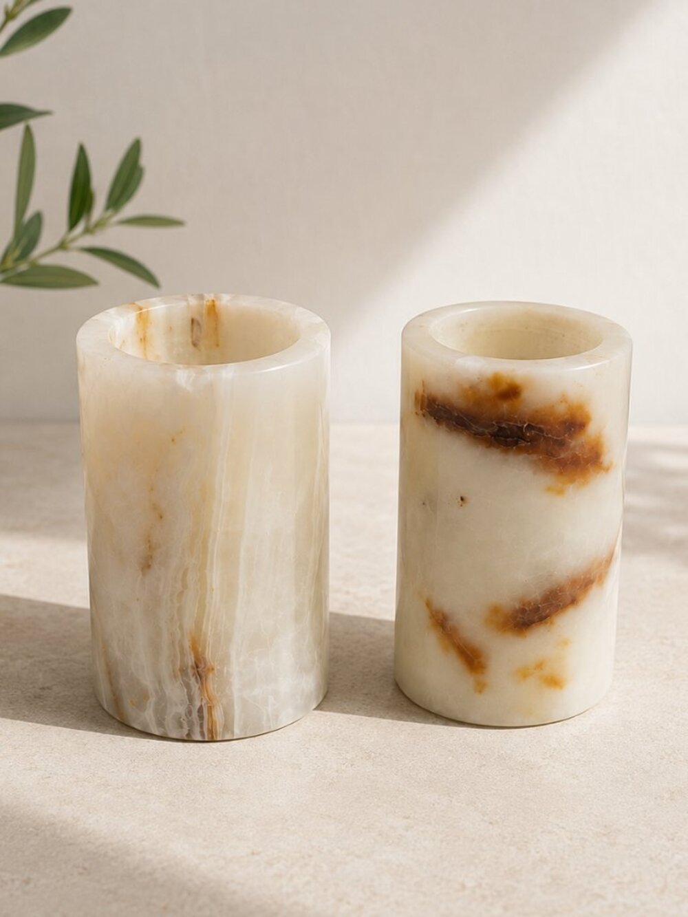 Vintage Natural Onyx Alabaster Stone Tea Light Candle Holders Pair
